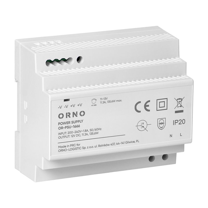 ZASILACZ NA SZYNE DIN, 12VDC, 11,3A, 135,6W, 6 MODUŁÓW ORNO ZASILACZ NA SZYNE DIN, 12VDC, 11,3A, 135,6W, 6 MODUŁÓW ORNO