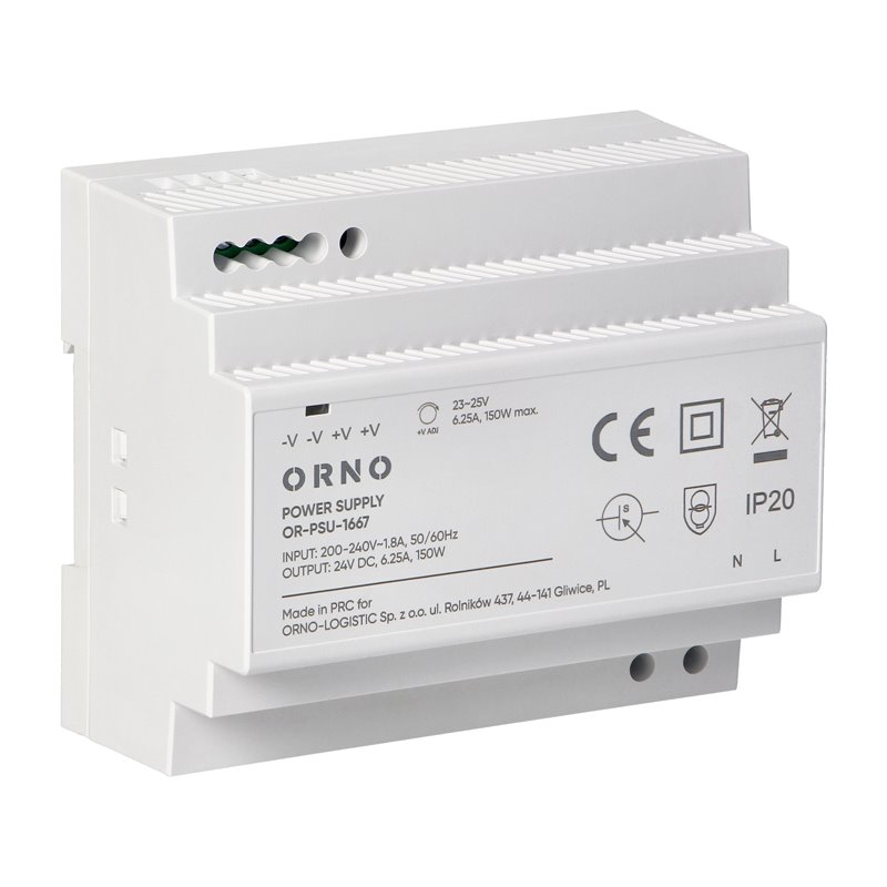 ZASILACZ NA SZYNE DIN, 24VDC, 6,25A, 150W, 6 MODUŁÓW ORNO ZASILACZ NA SZYNE DIN, 24VDC, 6,25A, 150W, 6 MODUŁÓW ORNO