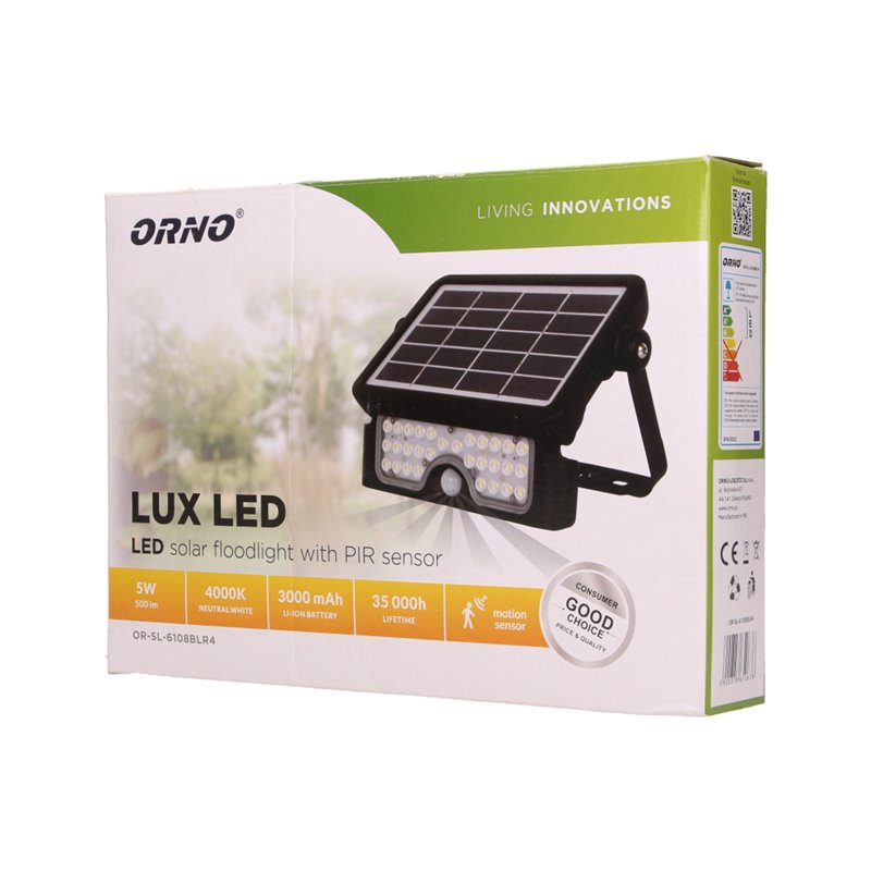 LUX LED 5W, NAŚWIETLACZ SOLARNY Z CZUJNIKIEM RUCHU 500LM, IP65, 4000K, 2X1500MAH, CZARNY ORNO LUX LED 5W, NAŚWIETLACZ SOLARNY Z CZUJNIKIEM RUCHU 500LM, IP65, 4000K, 2X1500MAH, CZARNY ORNO