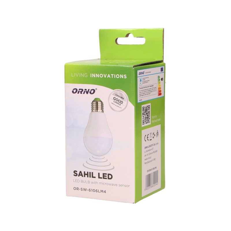 SAHIL LED 7W A60, ŻARÓWKA Z MIKROFALOWYM CZUJNIKIEM RUCHU, 600LM, 4000K, E27 ORNO SAHIL LED 7W A60, ŻARÓWKA Z MIKROFALOWYM CZUJNIKIEM RUCHU, 600LM, 4000K, E27 ORNO