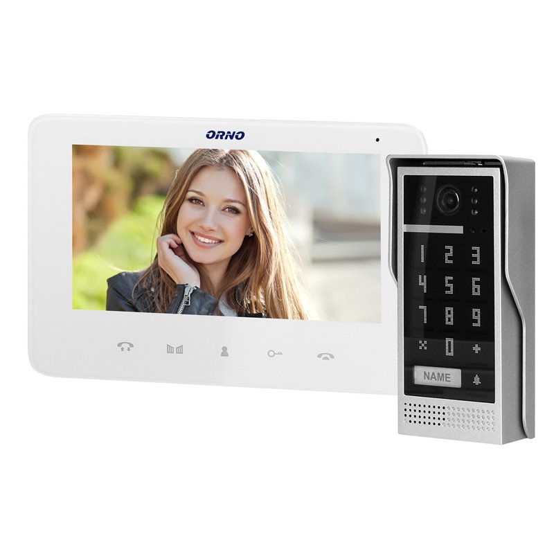 ZESTAW WIDEODOMOFONOWY, BEZSŁUCHAWKOWY, KOLOR, LCD 7", INTERKOM, Z SZYFRATOREM, NATYNKOWY, BIAŁY, SCUTI ORNO