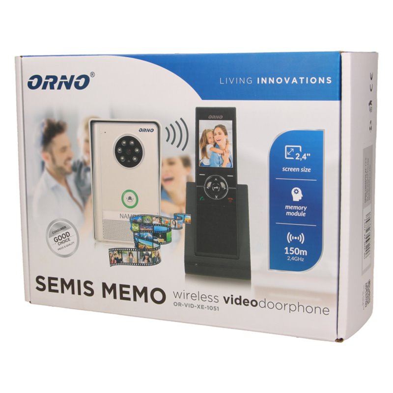 ZESTAW WIDEODOMOFONOWY, BEZPRZEWODOWY, ZASIĘG 150M, KOLOR, LCD 2,4", PAMIĘĆ, NATYNKOWY, IP55, SEMIS MEMO ORNO ZESTAW WIDEODOMOFONOWY, BEZPRZEWODOWY, ZASIĘG 150M, KOLOR, LCD 2,4", PAMIĘĆ, NATYNKOWY, IP55, SEMIS MEMO ORNO