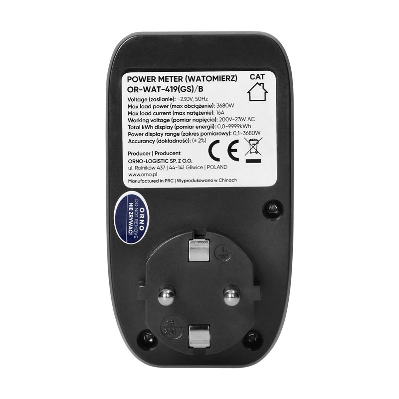 WATOMIERZ, KALKULATOR ENERGII Z PODŚWIETLANYM WYŚWIETLACZEM LCD, WERSJA SCHUKO, CZARNY ORNO WATOMIERZ, KALKULATOR ENERGII Z PODŚWIETLANYM WYŚWIETLACZEM LCD, WERSJA SCHUKO, CZARNY ORNO