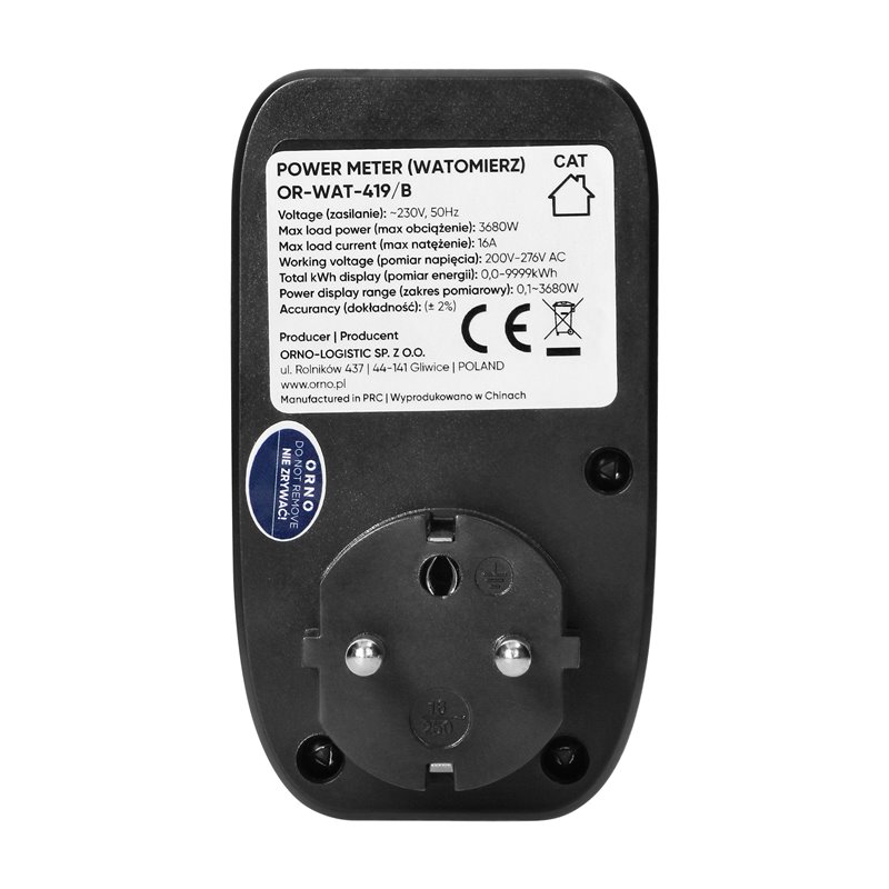 WATOMIERZ, KALKULATOR ENERGII Z PODŚWIETLANYM WYŚWIETLACZEM LCD, CZARNY ORNO WATOMIERZ, KALKULATOR ENERGII Z PODŚWIETLANYM WYŚWIETLACZEM LCD, CZARNY ORNO