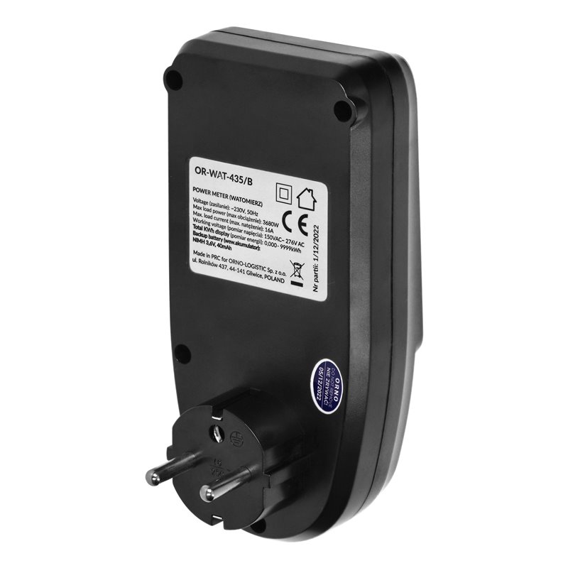 WATOMIERZ, KALKULATOR ENERGII Z WYŚWIETLACZEM LCD, CZARNY ORNO WATOMIERZ, KALKULATOR ENERGII Z WYŚWIETLACZEM LCD, CZARNY ORNO