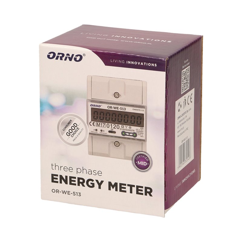 3-FAZOWY LICZNIK ENERGII ELEKTRYCZNEJ, 80A, MID, 4,5 MODUŁY, DIN TH-35MM ORNO 3-FAZOWY LICZNIK ENERGII ELEKTRYCZNEJ, 80A, MID, 4,5 MODUŁY, DIN TH-35MM ORNO