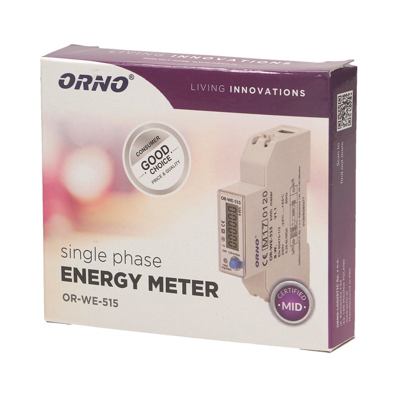 1-FAZOWY LICZNIK ENERGII ELEKTRYCZNEJ 100A, WIELOTARYFOWY, PORT RS-485, MID, 1 MODUŁ, DIN TH-35MM ORNO 1-FAZOWY LICZNIK ENERGII ELEKTRYCZNEJ 100A, WIELOTARYFOWY, PORT RS-485, MID, 1 MODUŁ, DIN TH-35MM ORNO
