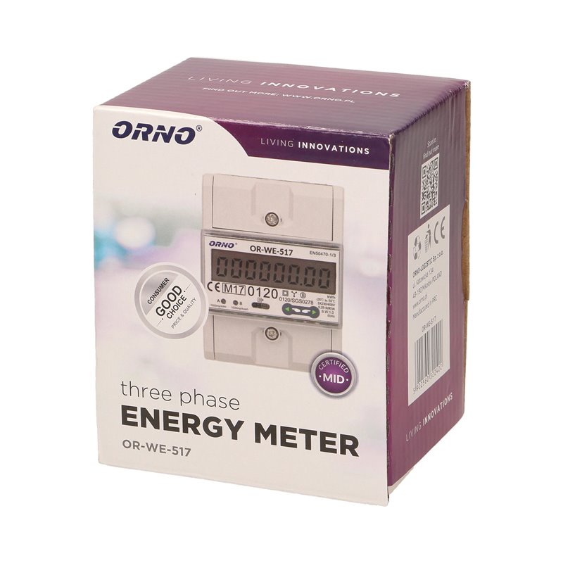 3-FAZOWY LICZNIK ENERGII ELEKTRYCZNEJ, 80A, PORT RS-485, WIELOTARYFOWY, 4,5 MODUŁY, DIN TH-35MM ORNO 3-FAZOWY LICZNIK ENERGII ELEKTRYCZNEJ, 80A, PORT RS-485, WIELOTARYFOWY, 4,5 MODUŁY, DIN TH-35MM ORNO