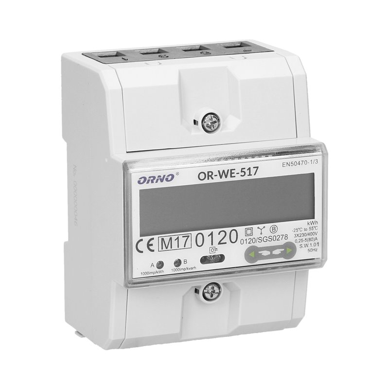 3-FAZOWY LICZNIK ENERGII ELEKTRYCZNEJ, 80A, PORT RS-485, WIELOTARYFOWY, 4,5 MODUŁY, DIN TH-35MM ORNO 3-FAZOWY LICZNIK ENERGII ELEKTRYCZNEJ, 80A, PORT RS-485, WIELOTARYFOWY, 4,5 MODUŁY, DIN TH-35MM ORNO