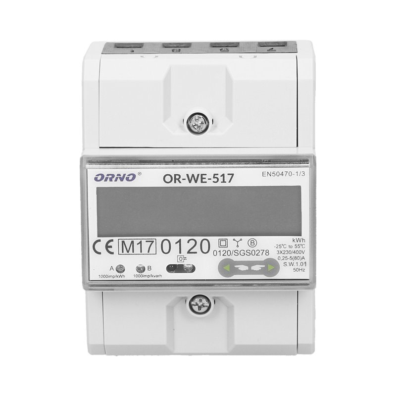 3-FAZOWY LICZNIK ENERGII ELEKTRYCZNEJ, 80A, PORT RS-485, WIELOTARYFOWY, 4,5 MODUŁY, DIN TH-35MM ORNO 3-FAZOWY LICZNIK ENERGII ELEKTRYCZNEJ, 80A, PORT RS-485, WIELOTARYFOWY, 4,5 MODUŁY, DIN TH-35MM ORNO