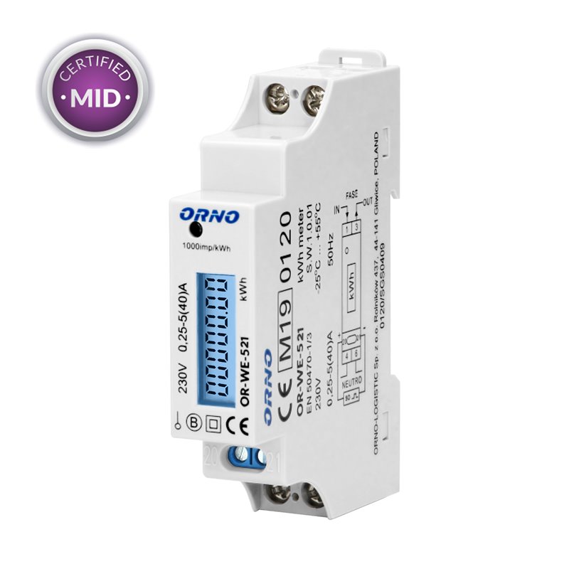 1-FAZOWY LICZNIK ENERGII ELEKTRYCZNEJ, 40A, MID, WYJŚCIE IMPULSOWE, PODŚWIETLENIE, 1 MODUŁ, DIN TH-35MM ORNO 1-FAZOWY LICZNIK ENERGII ELEKTRYCZNEJ, 40A, MID, WYJŚCIE IMPULSOWE, PODŚWIETLENIE, 1 MODUŁ, DIN TH-35MM ORNO
