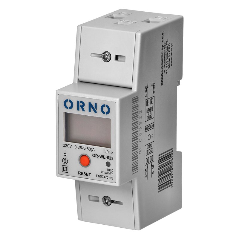 1-FAZOWY LICZNIK ZUŻYCIA ENERGII ELEKTRYCZNEJ, 80A, MID, RS485, DODATKOWY WSKAŹNIK, WYJŚCIE IMPULSOWE, PRZYCISK RESET, 2 MODUŁY,