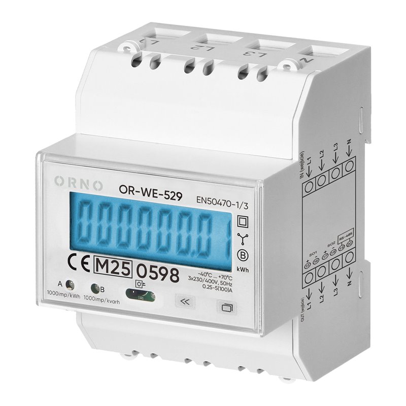 3-FAZOWY LICZNIK ENERGII ELEKTRYCZNEJ, 100A, PORT RS-485, MID, 4 MODUŁY, DIN TH-35MM, PV-READY ORNO