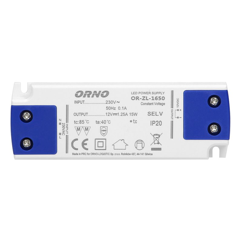 ZASILACZ PŁASKI DO LED 12VDC 15W, IP20 , WYSOKOŚĆ 16,5MM ORNO ZASILACZ PŁASKI DO LED 12VDC 15W, IP20 , WYSOKOŚĆ 16,5MM ORNO