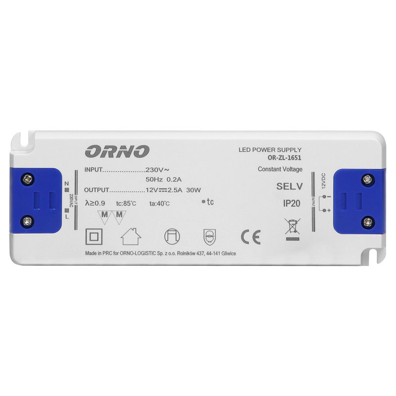 ZASILACZ PŁASKI DO LED 12VDC 30W, IP20, WYSOKOŚĆ 18MM ORNO ZASILACZ PŁASKI DO LED 12VDC 30W, IP20, WYSOKOŚĆ 18MM ORNO