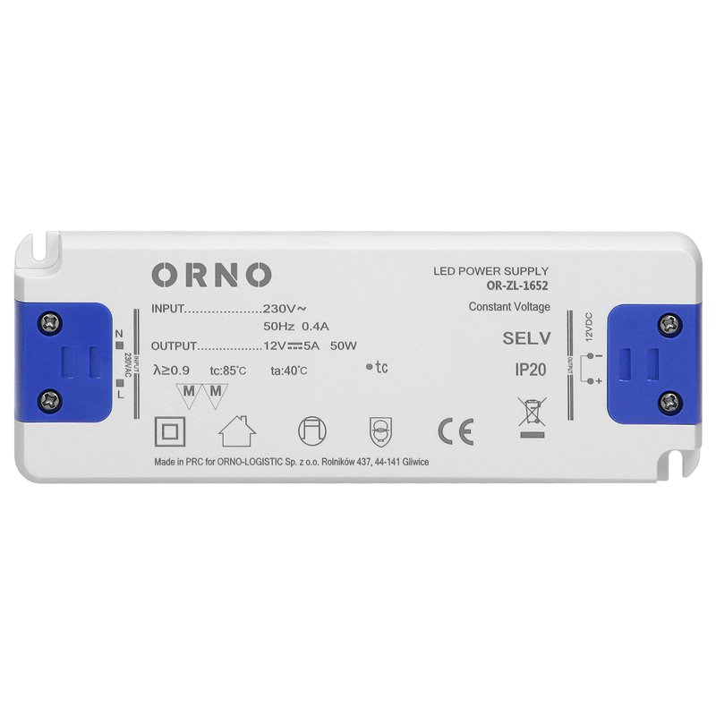 ZASILACZ PŁASKI DO LED 12VDC 50W, IP20 WYSOKOŚĆ 18MM ORNO ZASILACZ PŁASKI DO LED 12VDC 50W, IP20 WYSOKOŚĆ 18MM ORNO