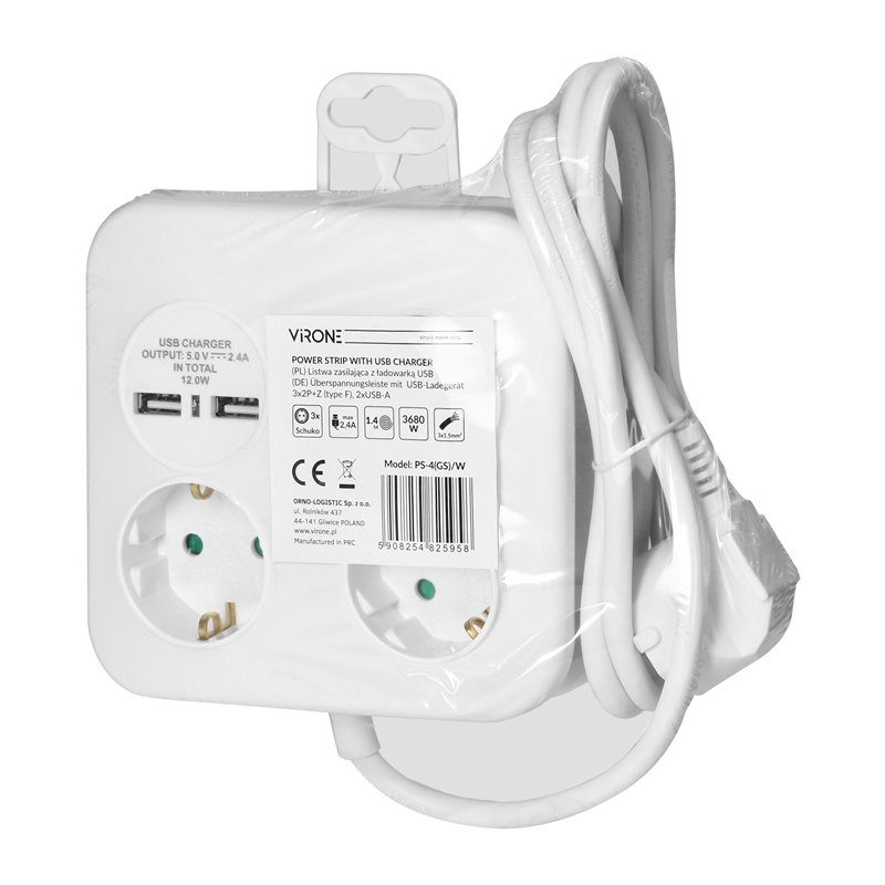 KWADRATOWA LISTWA ZASILAJĄCA Z ŁADOWARKĄ USB 3X2P+Z (SCHUKO), 2XUSB-A, KABEL 3X1,5MM2, 1,4M ORNO KWADRATOWA LISTWA ZASILAJĄCA Z ŁADOWARKĄ USB 3X2P+Z (SCHUKO), 2XUSB-A, KABEL 3X1,5MM2, 1,4M ORNO