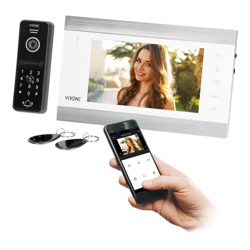 ZESTAW WIDEODOMOFONOWY, BEZSŁUCHAWKOWY, KOLOR, LCD 7", MENU OSD, WI-FI + APP NA TELEFON, STEROWANIE BRAMĄ, Z SZYFRATOREM I RFID,