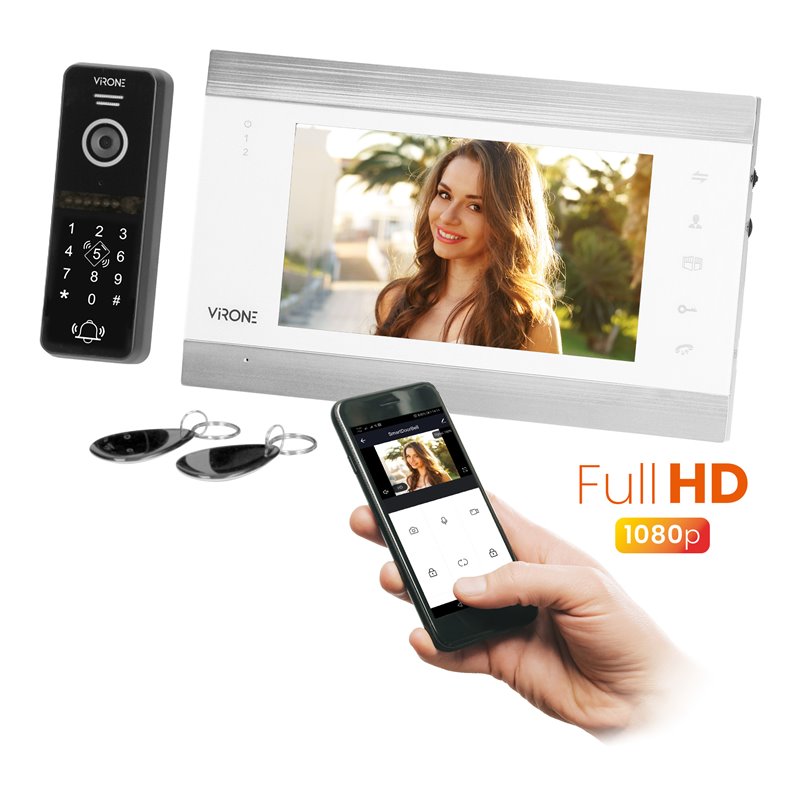 ZESTAW WIDEO DOMOFONOWY VIFIS FULL HD, BEZSŁUCHAWKOWY, MONITOR 7" LCD,  MENU OSD, KAMERA FULL HD 1080P, Z SZYFRATOREM I CZYTNIKI