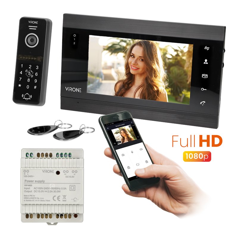 VIFIS FULL HD ZESTAW WIDEODOMOFONOWY  Z KAMERĄ FULL HD (BEZSŁUCHAWKOWY , SZYFRATOR, CZYTNIK ZBLIŻENIOW, STEROWANIE Z APLIKACJI, 