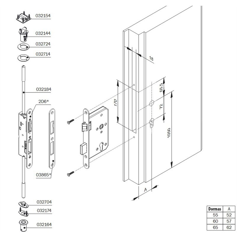 ZAMEK DINFIR3 SL PPOŻ. 72WB, E=55MM, 235X20X3 MM, KWADRAT 8MM, PRAWY, STAL NIERDZEWNA ISEO