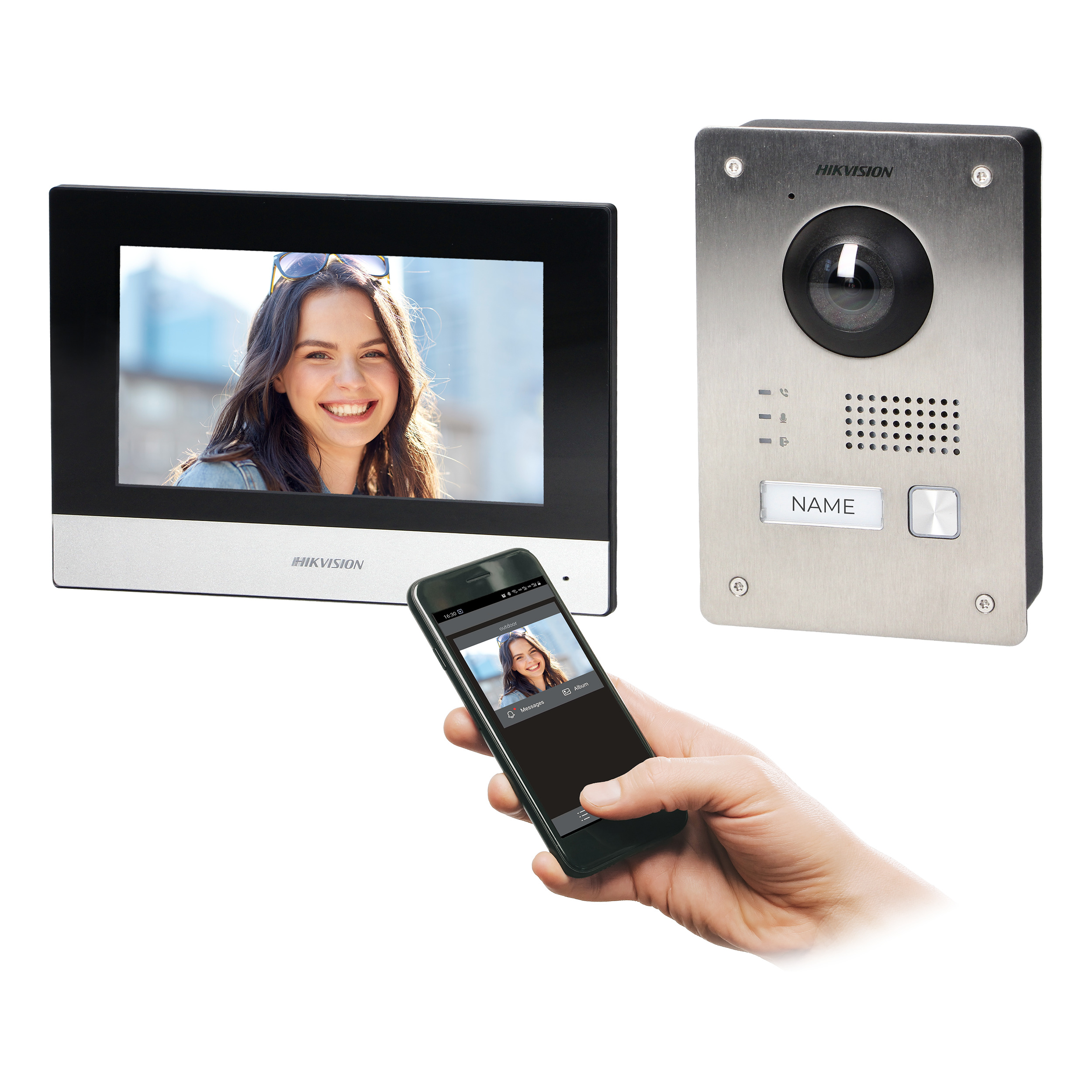 HIKVISION DS-KIS703-P zestaw wideodomofonowy 2-żyłowy jednorodzinny z monitorem 7" i kamerą Full HD i sterowaniem z aplikacji, montaż natynkowy lub podtynkowy, IP65