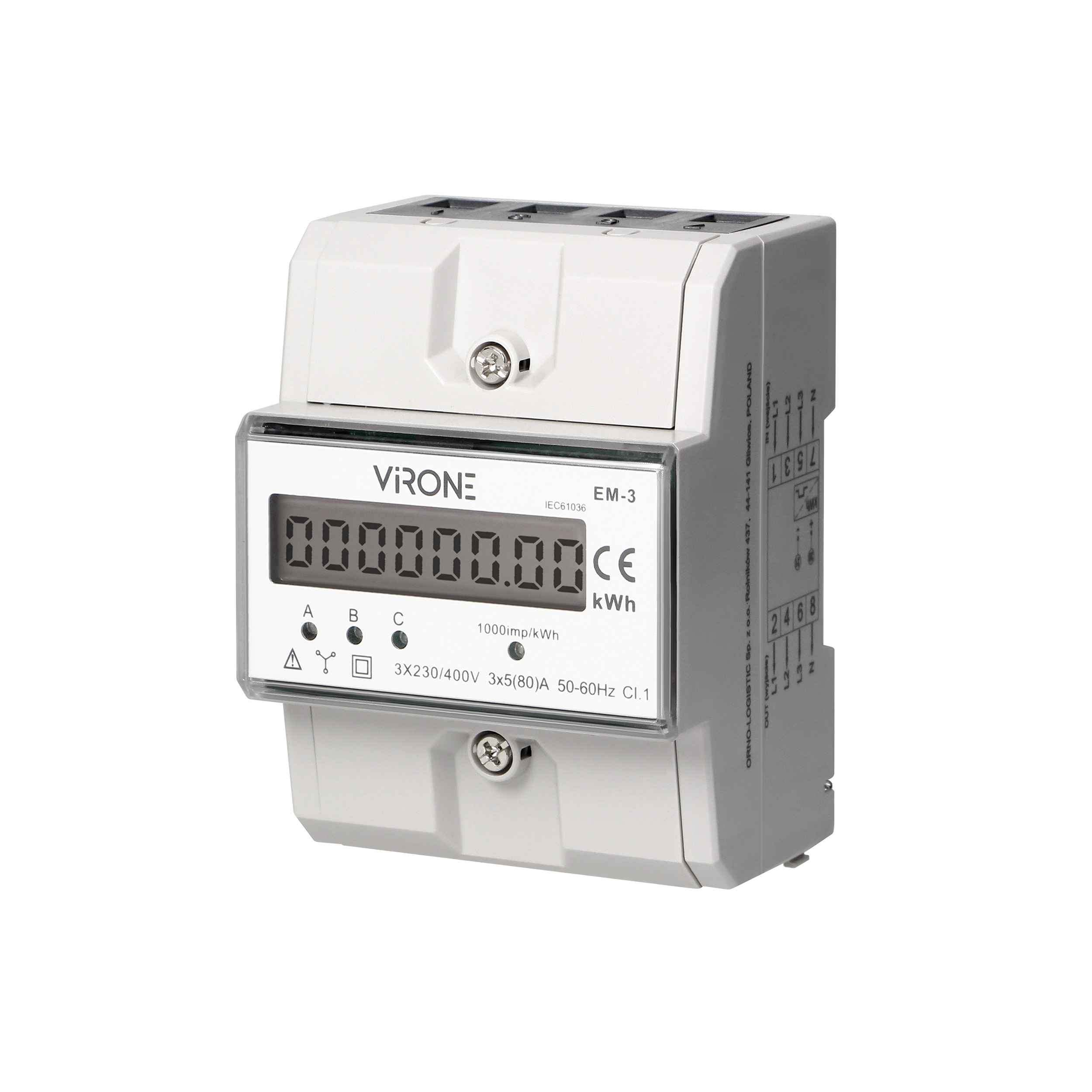 3-fazowy wskaźnik zużycia energii elektrycznej, 80A, 4,3 moduły, DIN TH-35mm