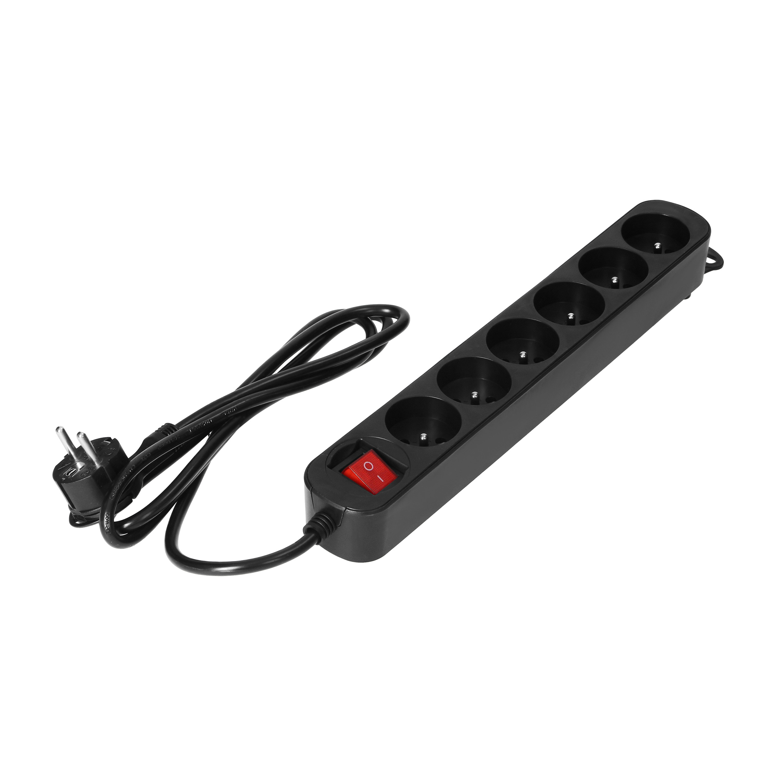 Przedłużacz 6-krotny 2P+Z, z wyłącznikiem, 1,5m H05VV-F 3x1,0mm?, Imax=10A, płaska wtyczka, czarny