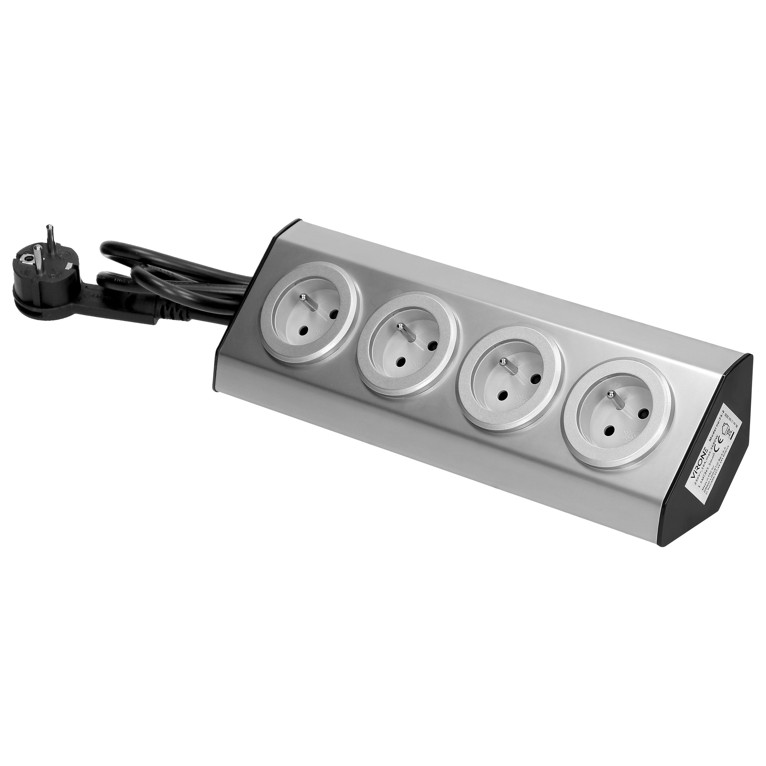 Gniazdo meblowe kuchenne 4x2P+Z, 16A, montaż na rzepy, INOX, przewód 1,5m z płaską wtyczką