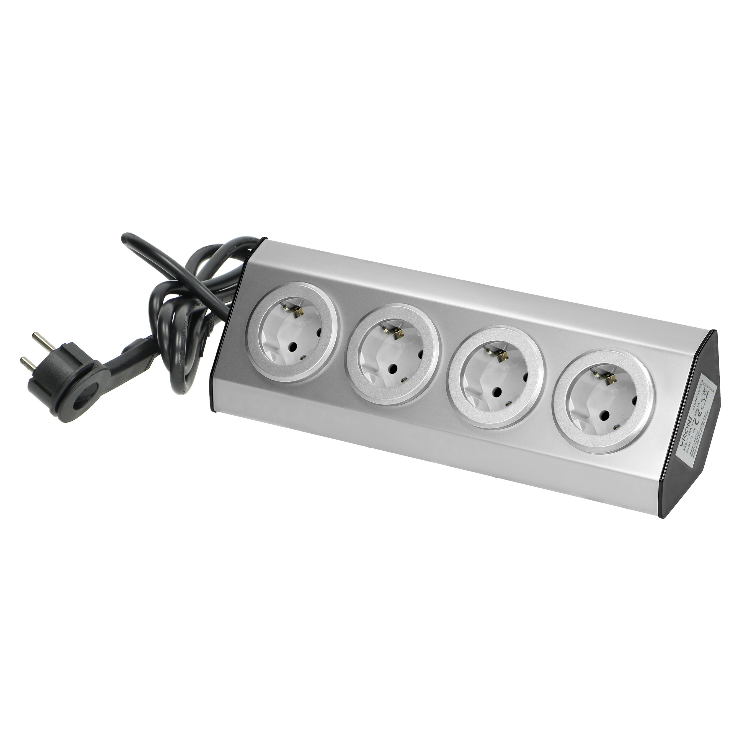 Gniazdo meblowe kuchenne 4x2P+Z, schuko, 16A, montaż na rzepy, INOX, przewód 1,5m z płaską wtyczką