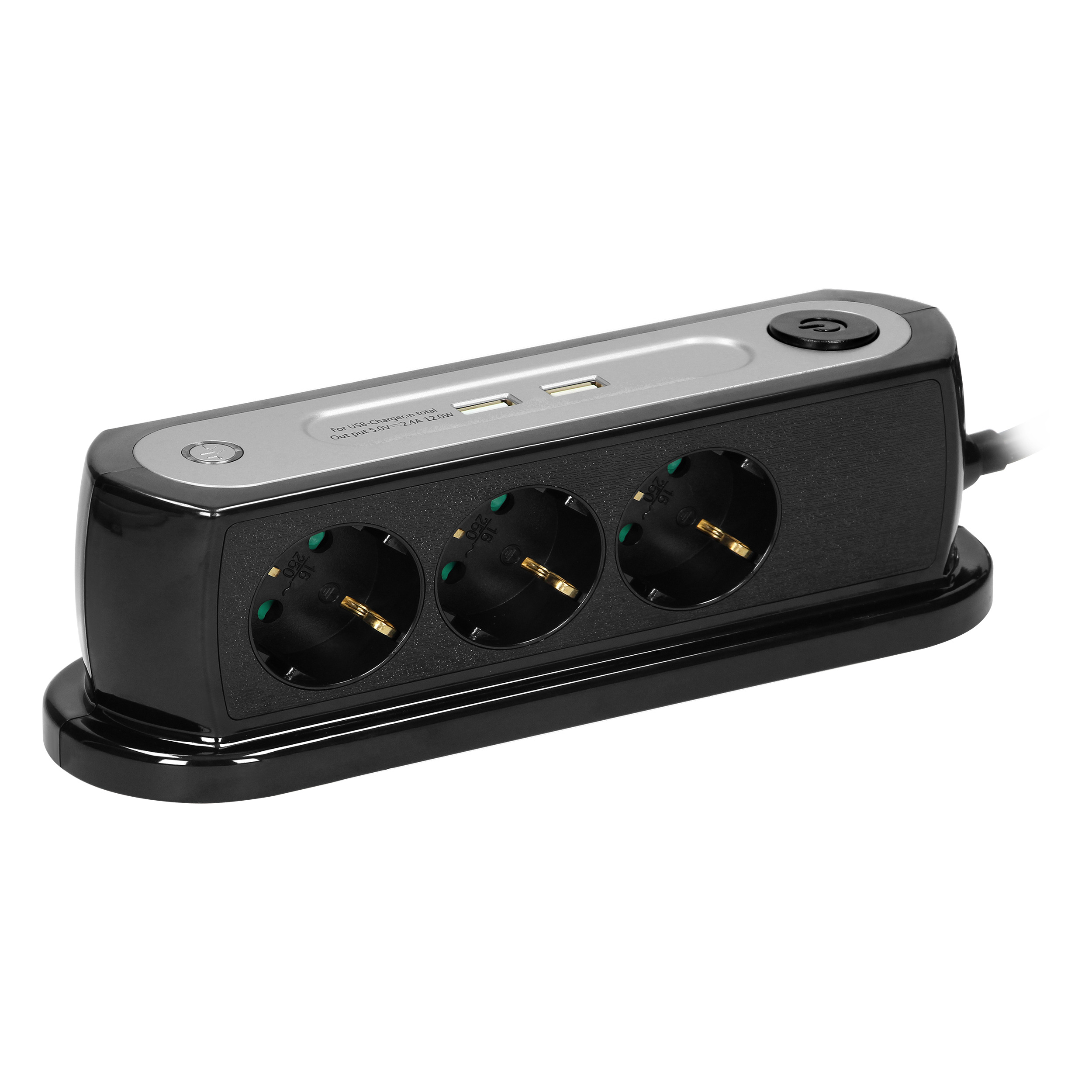 Listwa zasilająca nabiurkowa z wyłącznikiem 3x2P+Z(schuko), ładowarka 2xUSB 2.4A, ogranicznik przepięć TYP 3, kabel H05VV-F 3x1,5, długość 1,4m , czarny