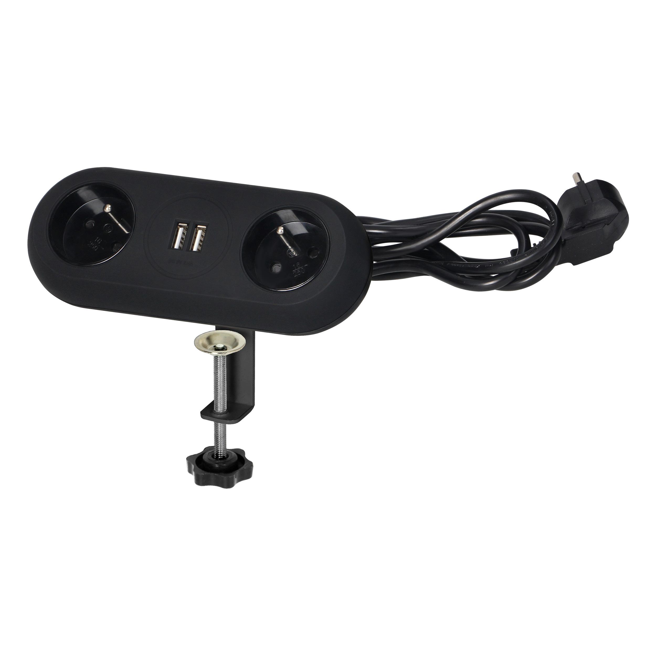 Gniazdo meblowe z uchwytem montażowym, ładowarką USB, 2 gniazda 2P+Z, 2xUSB, przewód 3x1,0mm? - 1,5m, czarne