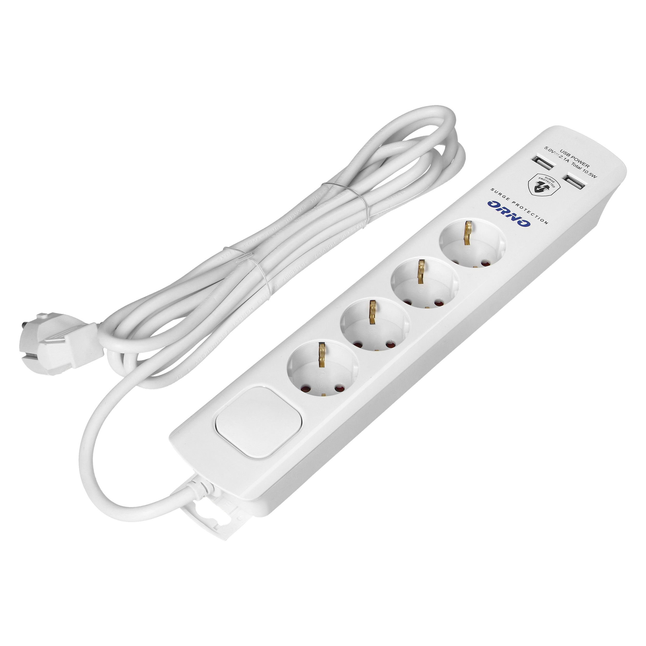 Listwa przeciwprzepięciowa, 4 gniazda 2P+Z (Schuko), kabel 3x1,0mm2, 3m, z wyłącznikiem podświetlanym dwutorowym. 16A/230 VAC, Ochronnik przeciwprzepięciowy Typ 3, Ładowarka 2xUSB 2,1A, biała