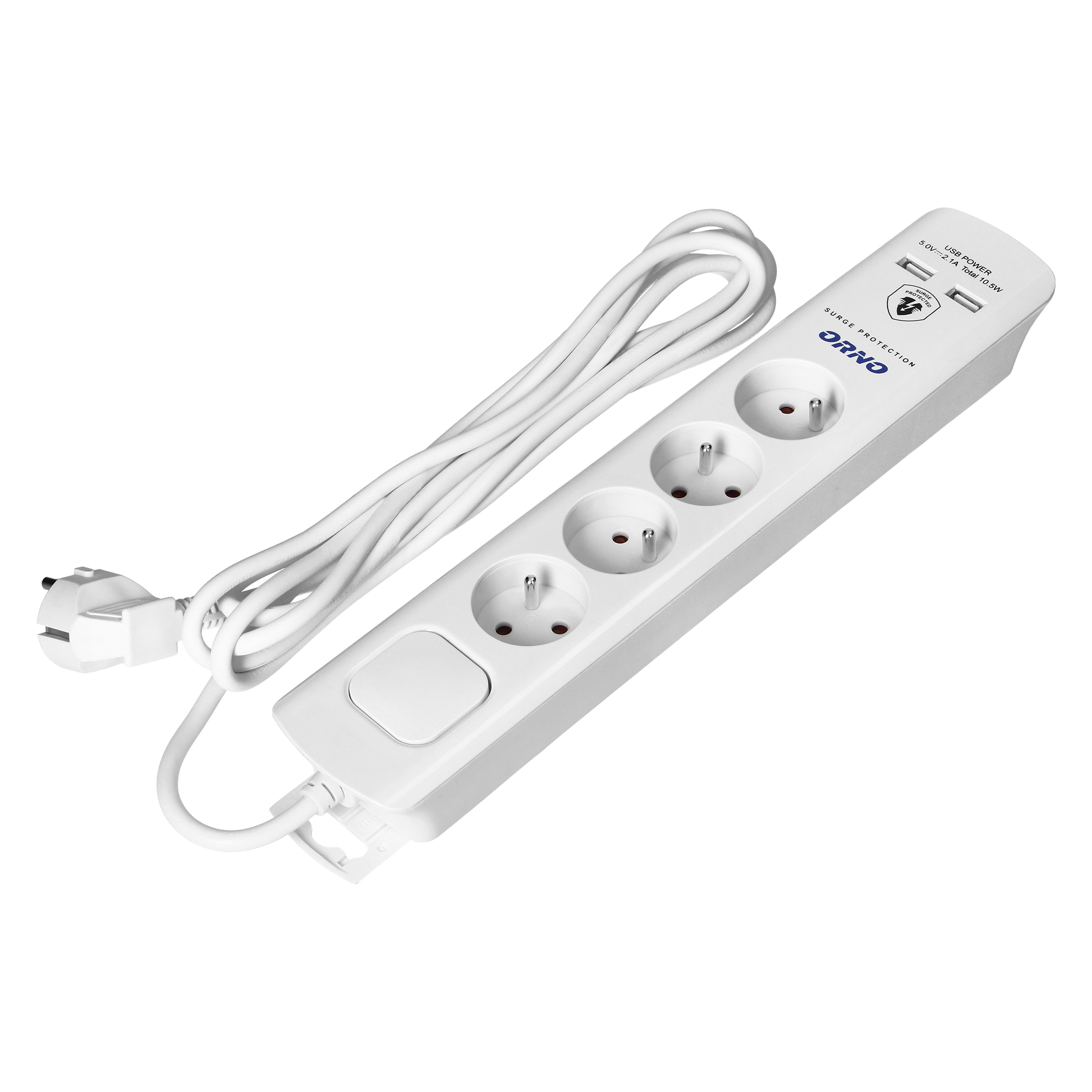 Listwa przeciwprzepięciowa, 4 gniazda 2P+Z, kabel 3x1,0mm2, 3m, z wyłącznikiem podświetlanym dwutorowym. 10A/230 VAC, Ochronnik przeciwprzepięciowy Typ 3, Ładowarka 2xUSB 2,1A, biała