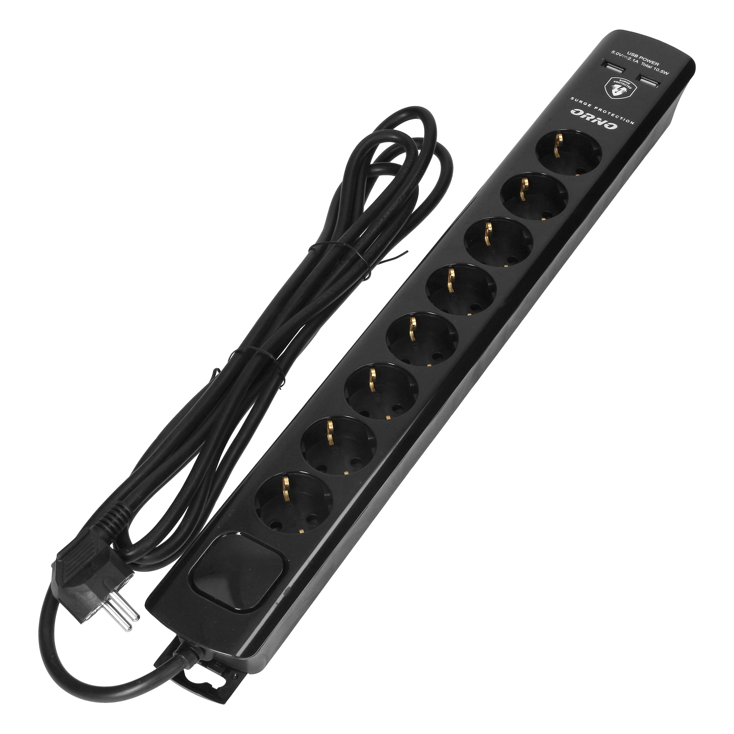 Listwa przeciwprzepięciowa, 8 gniazd 2P+Z (Schuko), kabel 3x1,5mm2, 3m, z wyłącznikiem podświetlanym dwutorowym. 16A/230 VAC, Ochronnik przeciwprzepięciowy Typ 3, Ładowarka 2xUSB 2,1A, czarny