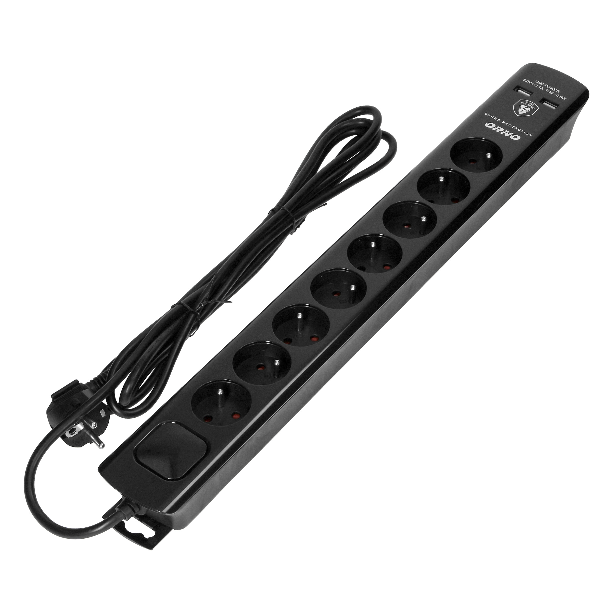 Listwa przeciwprzepięciowa, 8 gniazd 2P+Z, kabel 3x1,0mm2, 3m, z wyłącznikiem podświetlanym dwutorowym. 10A/230 VAC, Ochronnik przeciwprzepięciowy Typ 3, Ładowarka 2xUSB 2,1A, czarna
