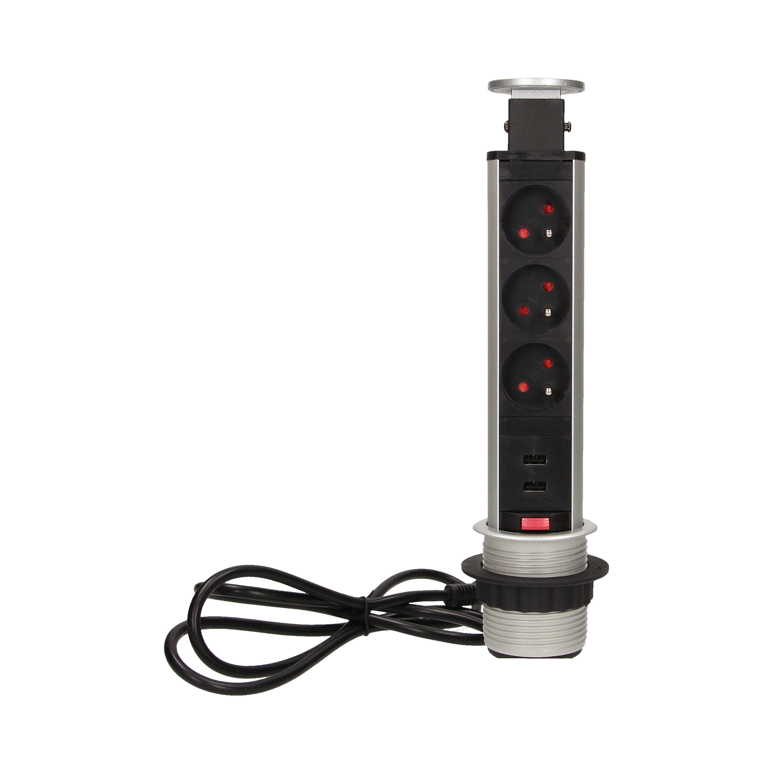 Gniazdo meblowe ?6cm wysuwane z blatu z ładowarką USB, blokadą i przewodem 1,8m, 3x2P+Z