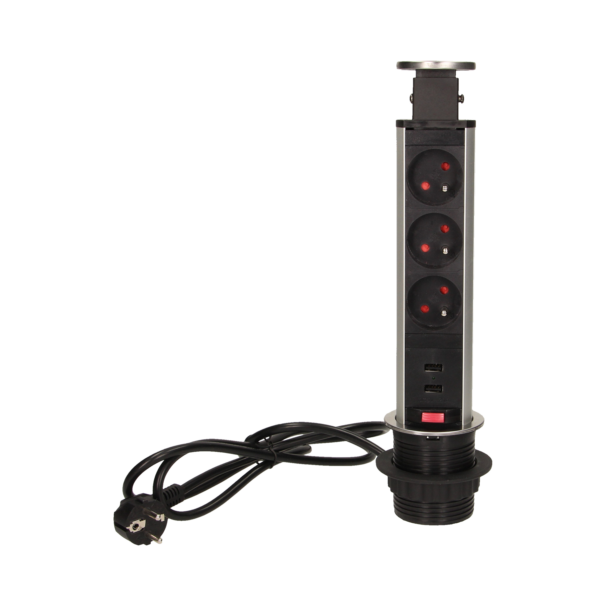 Gniazdo meblowe ?6cm wysuwane z blatu z ładowarką USB, blokadą i przewodem 1,8m, 3x2P+Z, 2xUSB, INOX