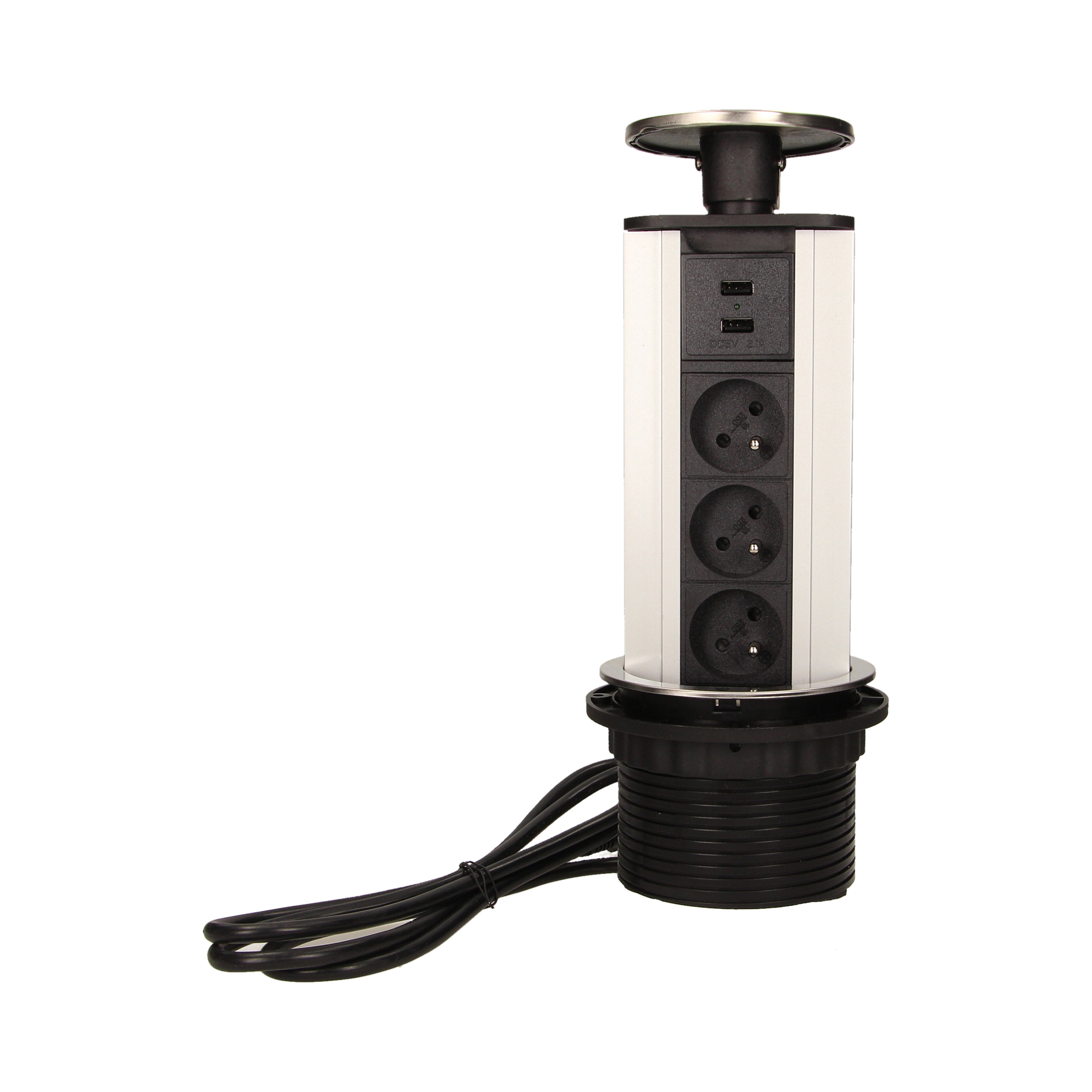 Gniazdo meblowe ?10cm wysuwane z blatu z ładowarką USB i przewodem 1,8m, 3x2P+Z, 2xUSB, INOX