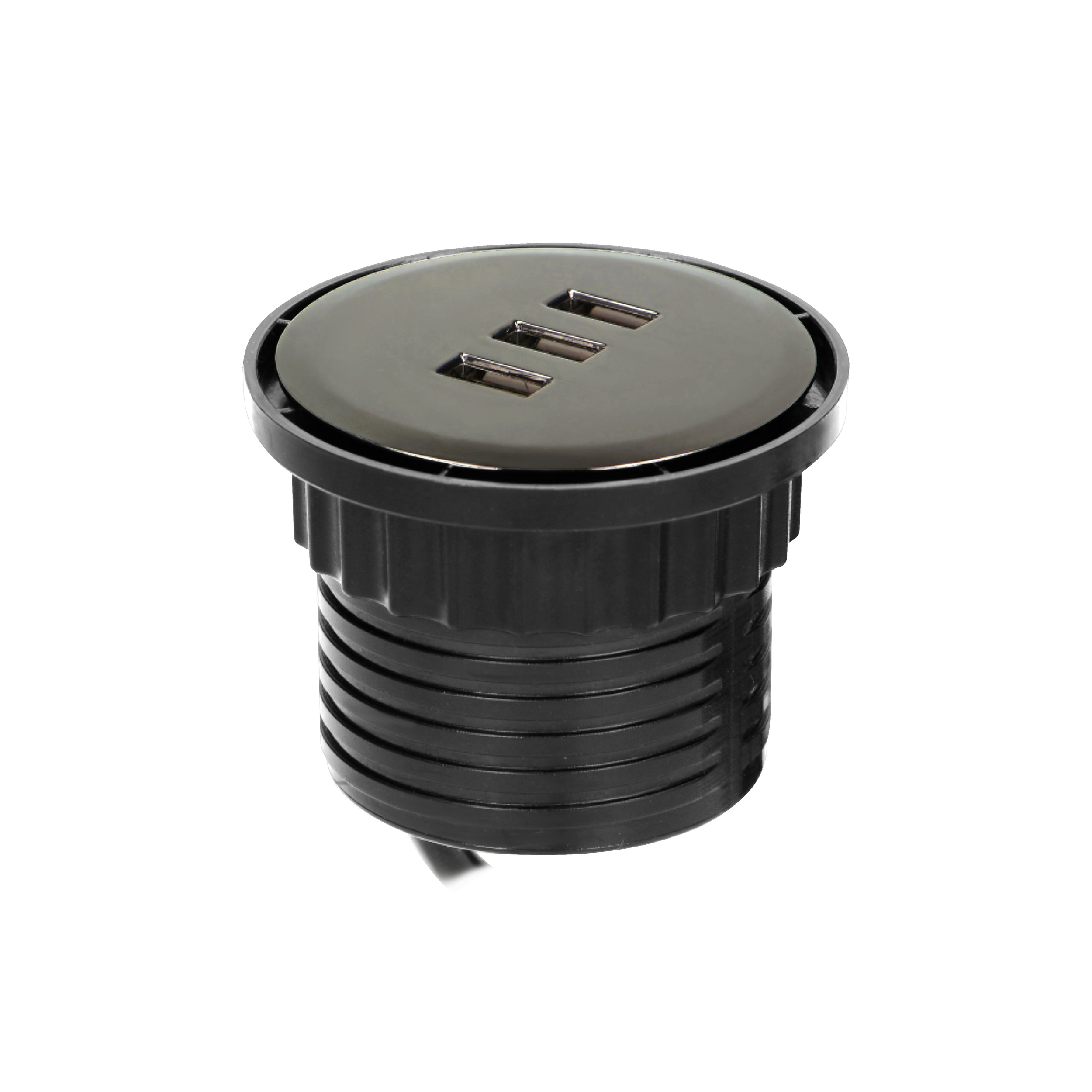 Ładowarka 3xUSB wpuszczana w blat, 5V total 3.1A, max. 2,1A/port, przewód 1,5m, czarny połysk