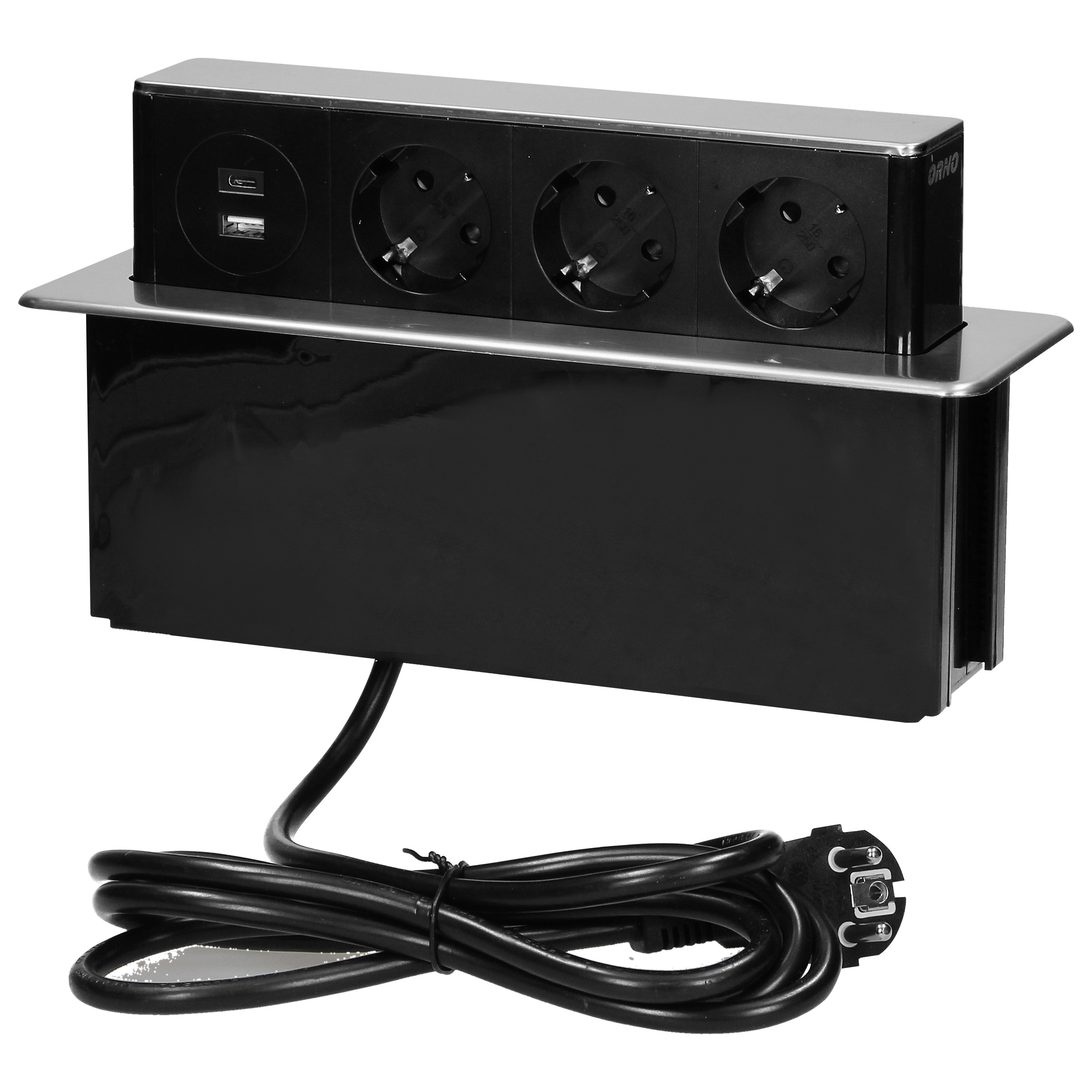 Gniazdo meblowe wysuwane z blatu z płaskim frezowanym rantem, ładowarką USB i przewodem 2m, 3 gniazda typ F, 2 x USB (Typ A + C 3,1A;QC 3.0), 3x1,5mm?, czarno-srebrne, INOX, wesja Schuko