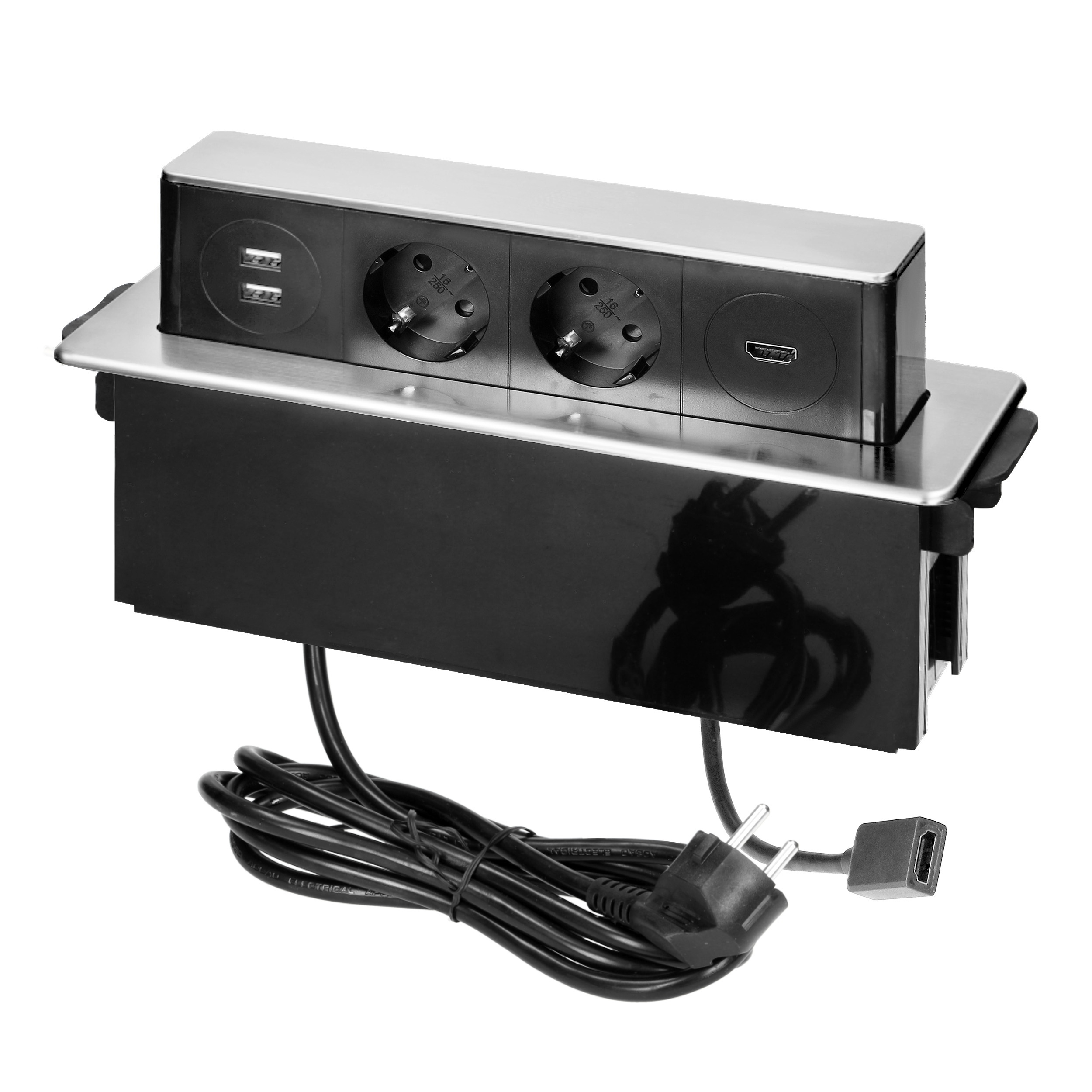 Gniazdo meblowe wysuwane z blatu z płaskim frezowanym rantem, ładowarką USB i przewodem 2m, 2x2P+Z (Schuko), 2 x USB (Typ A), HDMI, 3x1,5mm?, czarno-srebrne, INOX