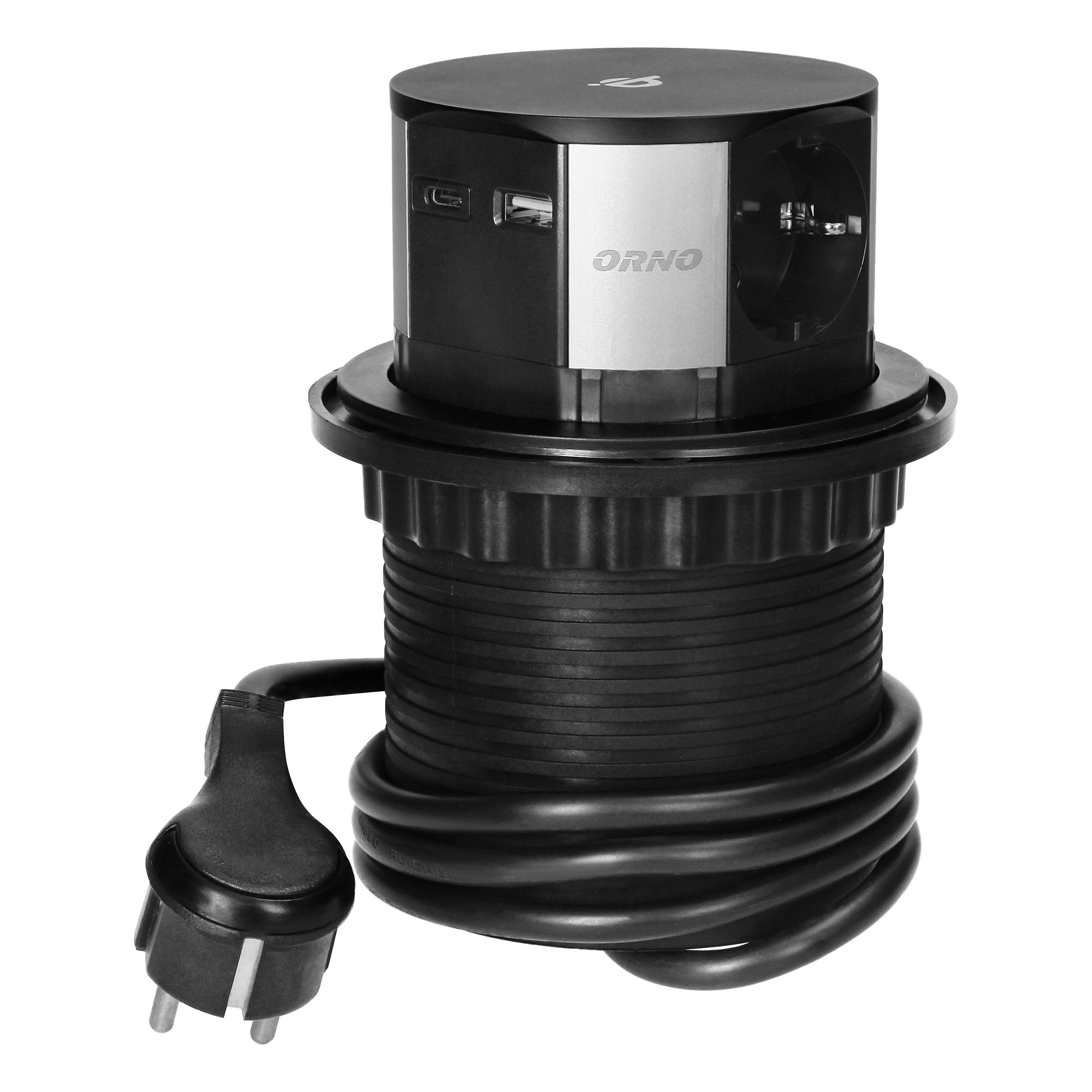Gniazdo meblowe ?10cm wysuwane z blatu z ładowarką indukcyjną, ładowarką USB i przewodem 1,5m, 3x2P+Z (Schuko), Qi 1.2.4 max. 10W, USB A+C QC 3.0