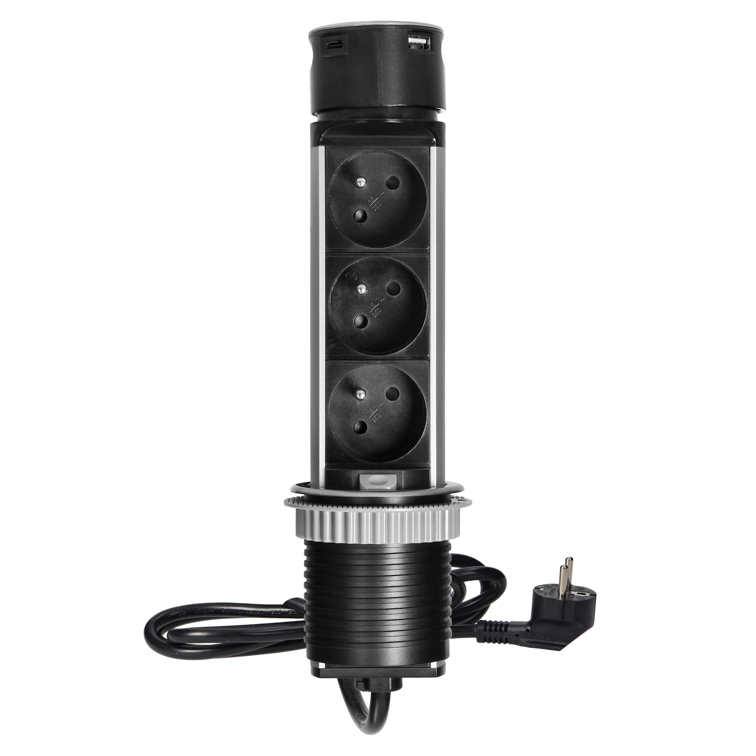 Wpuszczane gniazdo meblowe ?6cm z ładowarką USB i przewodem 1,5m, 3x2P+Z, 2xUSB (typ A i typ C), INOX