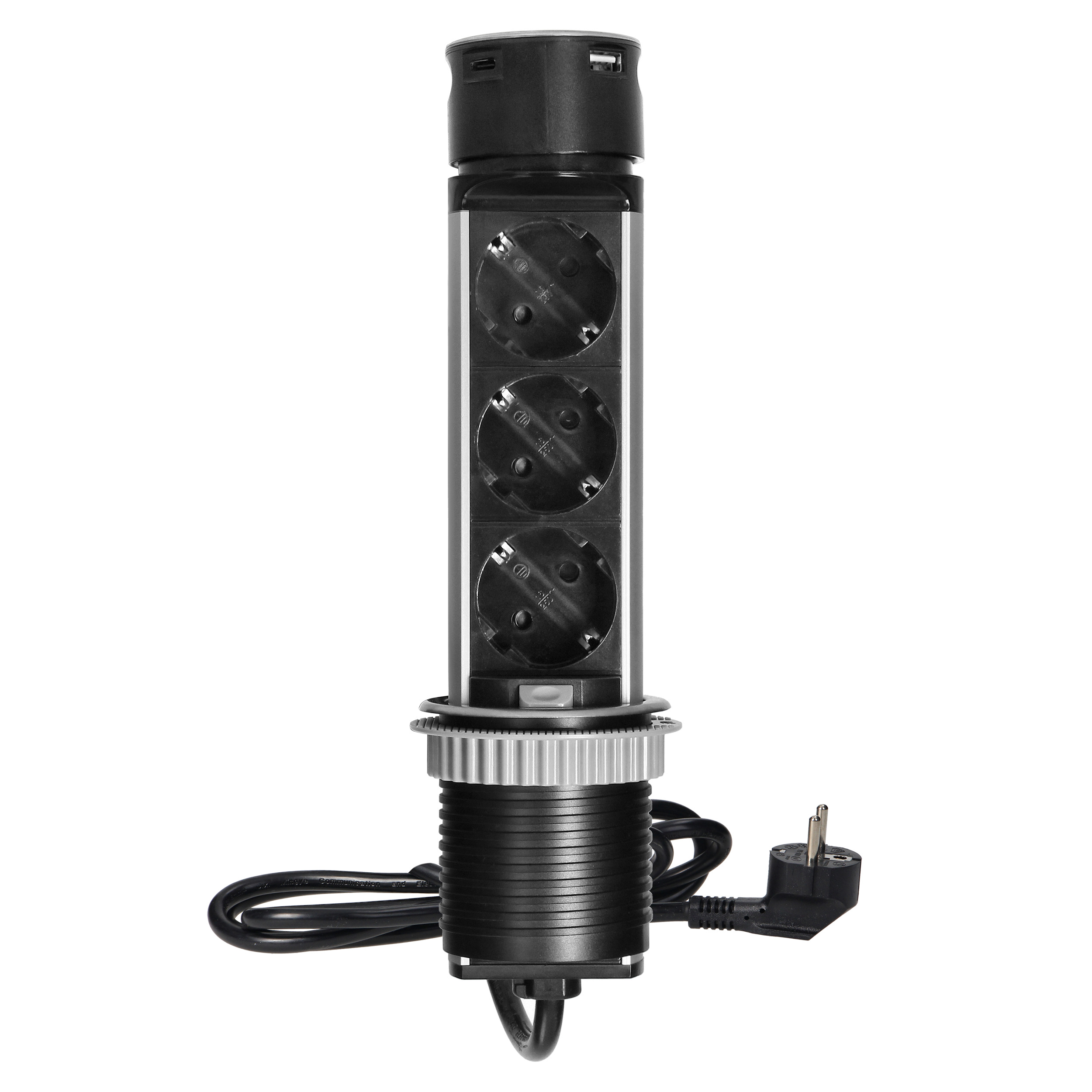 Wpuszczane gniazdo meblowe ?6cm z ładowarką USB i przewodem 1,5m, 3x2P+Z (Schuko), 2xUSB (typ A i typ C), INOX