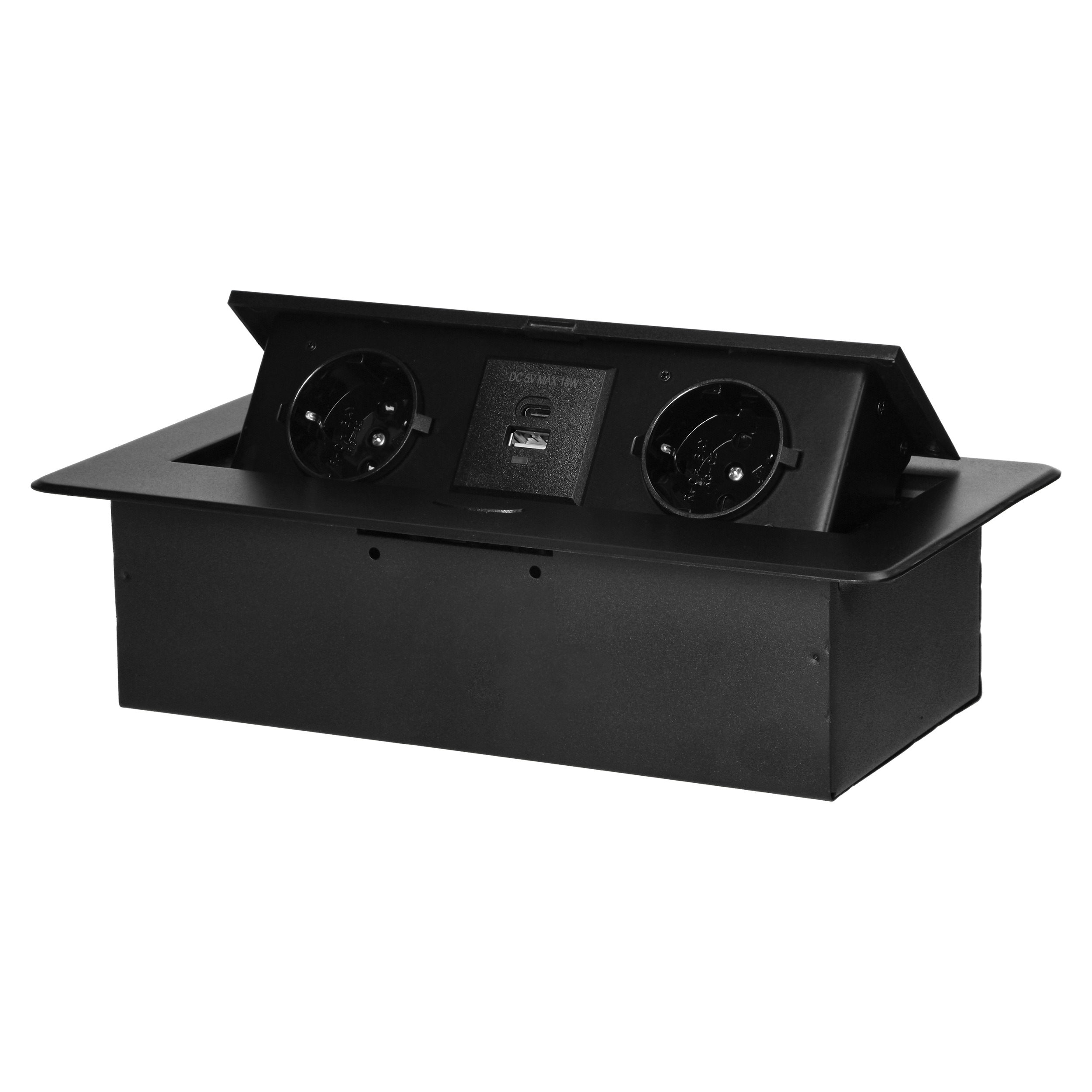 Gniazdo meblowe wpuszczane w blat z płaskim frezowanym rantem i ładowarką USB, 2x2P+Z (Schuko),2x USB (typ A+C;3,6A), czarne