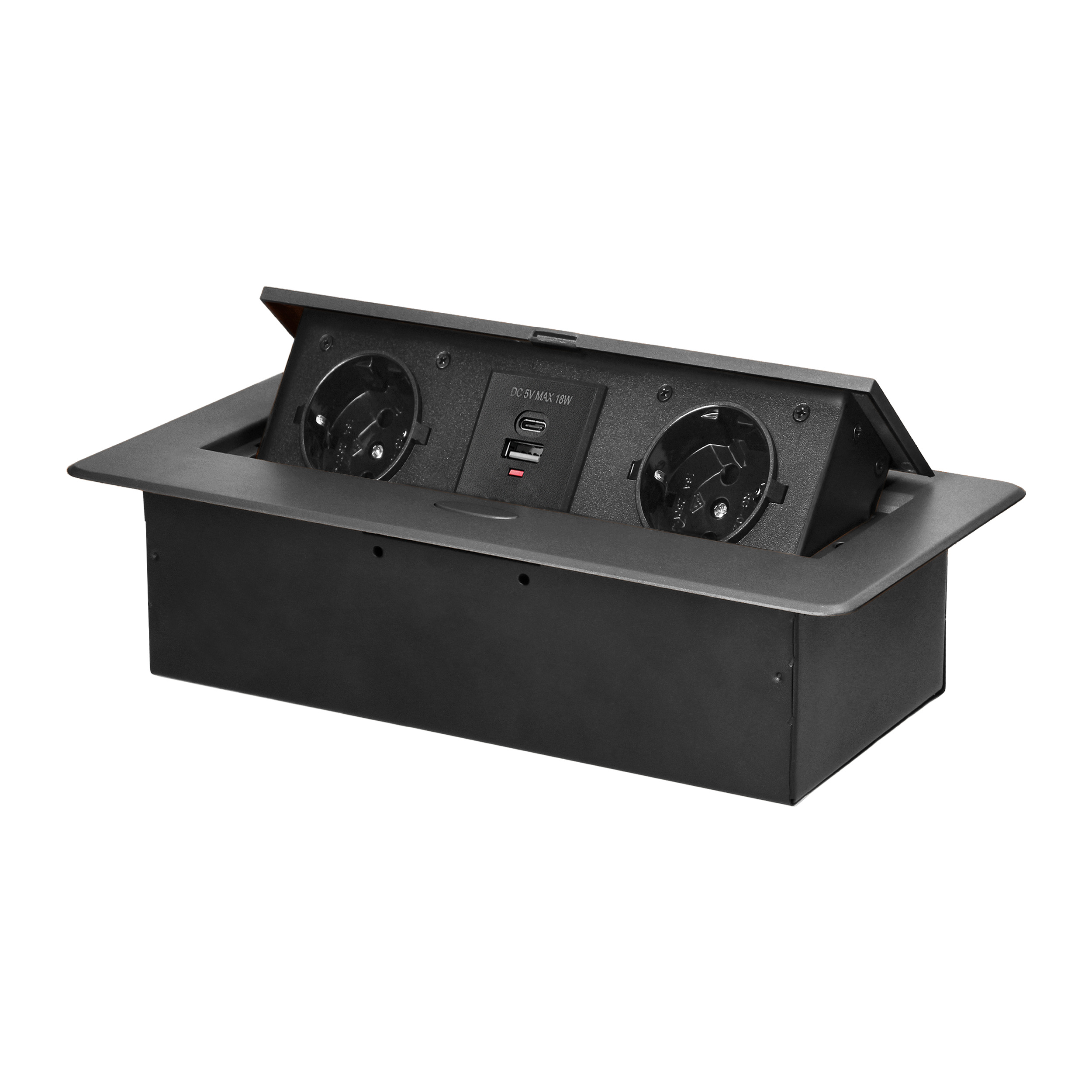 Gniazdo meblowe wpuszczane w blat z płaskim frezowanym rantem i ładowarką USB, 2x2P+Z (Schuko),2xUSB (typ A+C;3,6A), grafitowe