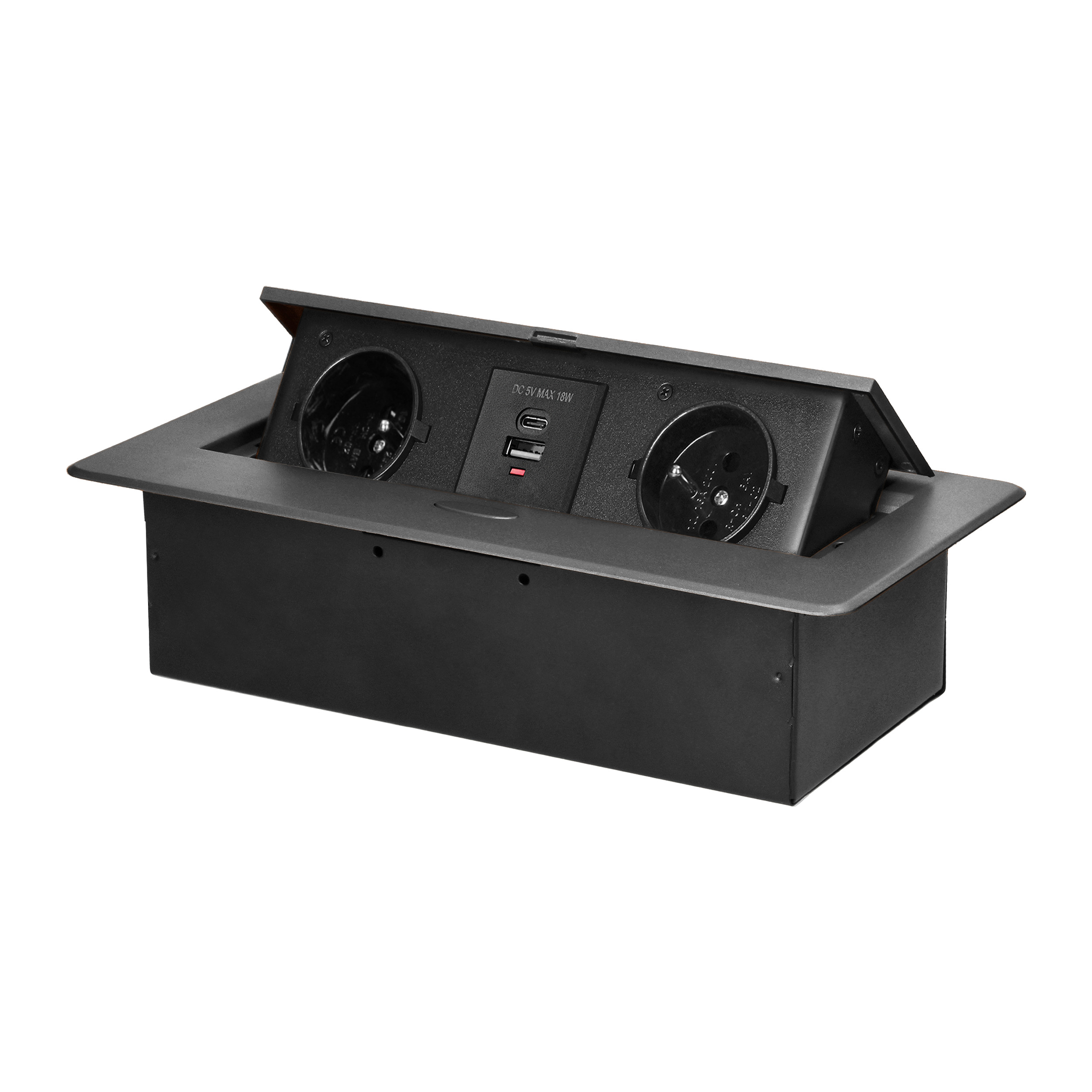 Gniazdo meblowe wpuszczane w blat z płaskim frezowanym rantem i ładowarką USB, 2x2P+Z, 2xUSB (typ A+C;3,6A), grafitowe