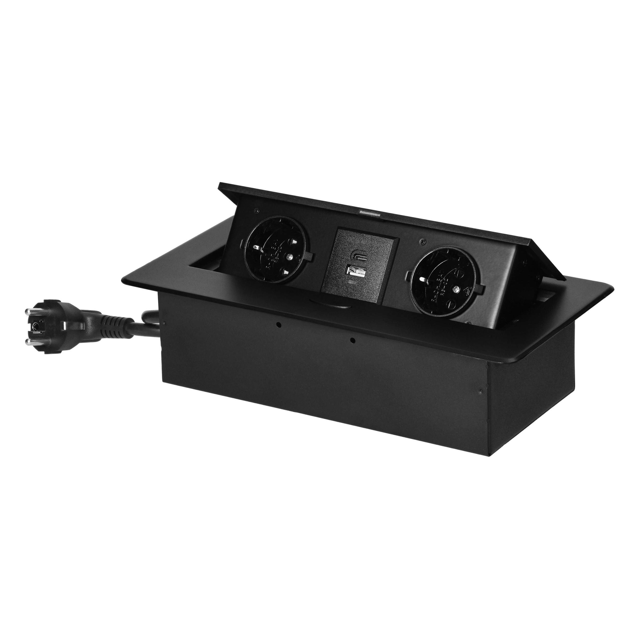 Gniazdo meblowe wpuszczane w blat z płaskim frezowanym rantem, ładowarką USB i przewodem 1,5m, 2x2P+Z (Schuko), 2xUSB (typ A+C;3,6A), czarne