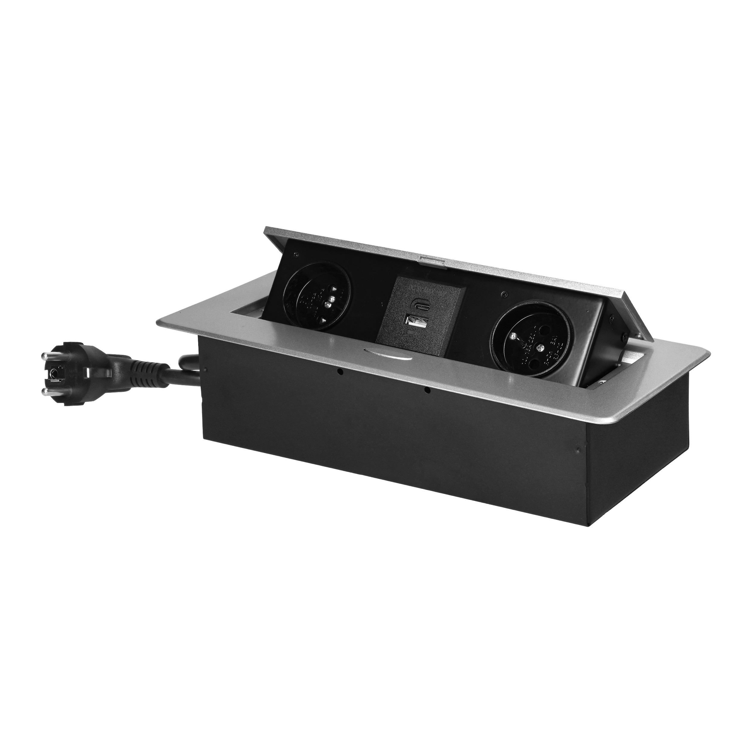 Gniazda meblowe wpuszczane w blat z płaskim frezowanym rantem, ładowarką USB i przewodem 1,5m, 2x2P+Z, 2xUSB (typ A+C;3,6A), srebrne